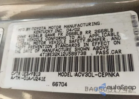 2002 Toyota Camry Le from USA, damaged, VIN 4T1BE32K12U589738